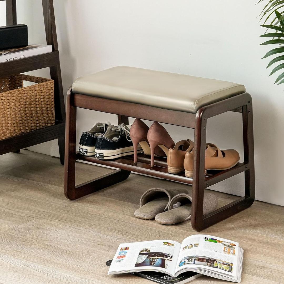 Shoe Bench, Entryway Bench with Leather Cushion, Solid Wood Shoe Rack, Mid Century Modern Bench, Shoe Storage, Shoe Organizer for Entryway (Grey, 21.7" W)