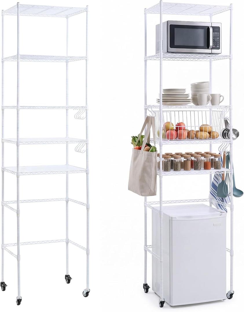 5 Tier Over The Fridge Shelf for Dorm Wheels 8 Hooks and 5 PVC Pads White, 90.5"