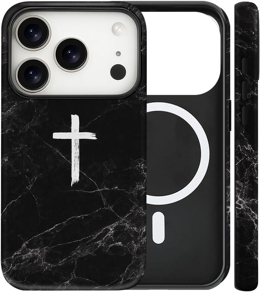 Magnetic for iPhone 17 Pro Case Christian Cross Marble Phone Case, Black Marble Jesus Faith Shockproof Slim Soft TPU and Hard PC Protective Cases Compatible with MagSafe Gift for Religious