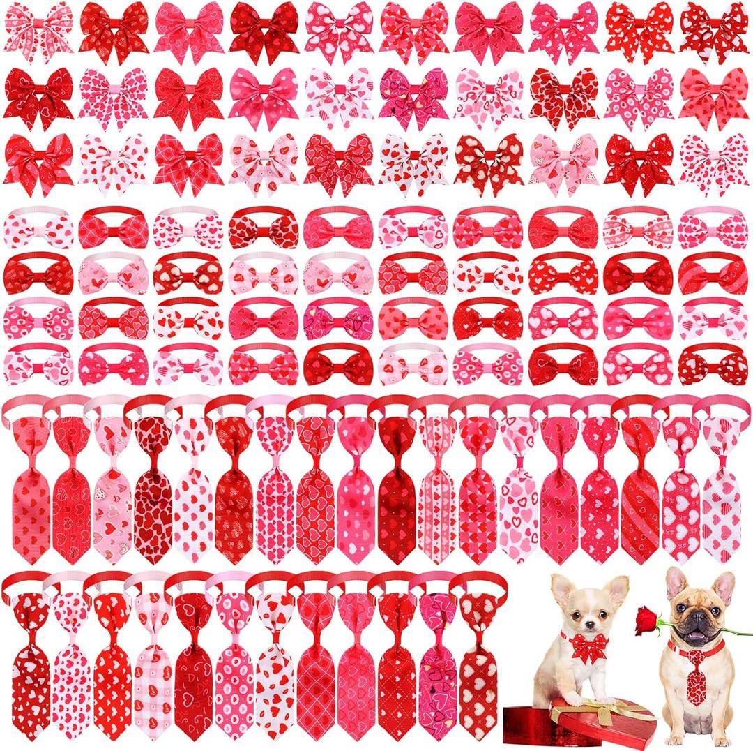 Yahenda 100 Pieces Valentine's Day Dog Bow Tie Collar Set Include 40 Dog Bowties 30 Puppy Neckties and 30 Pet Collar Adjustable Valentine Cat Tie Grooming for  Pet Cat(Pink Heart)