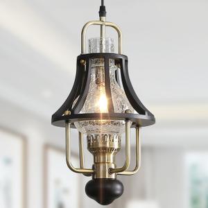 Farmhouse Chandelier Modern Hanging Light, Vintage Rustic Pendant Lights Fixture, Crackle Glass Shade, Wood & Metal Cage Base for Living Room Dining Room Foyer Kitchen Island Bedroom (Black-brass color)