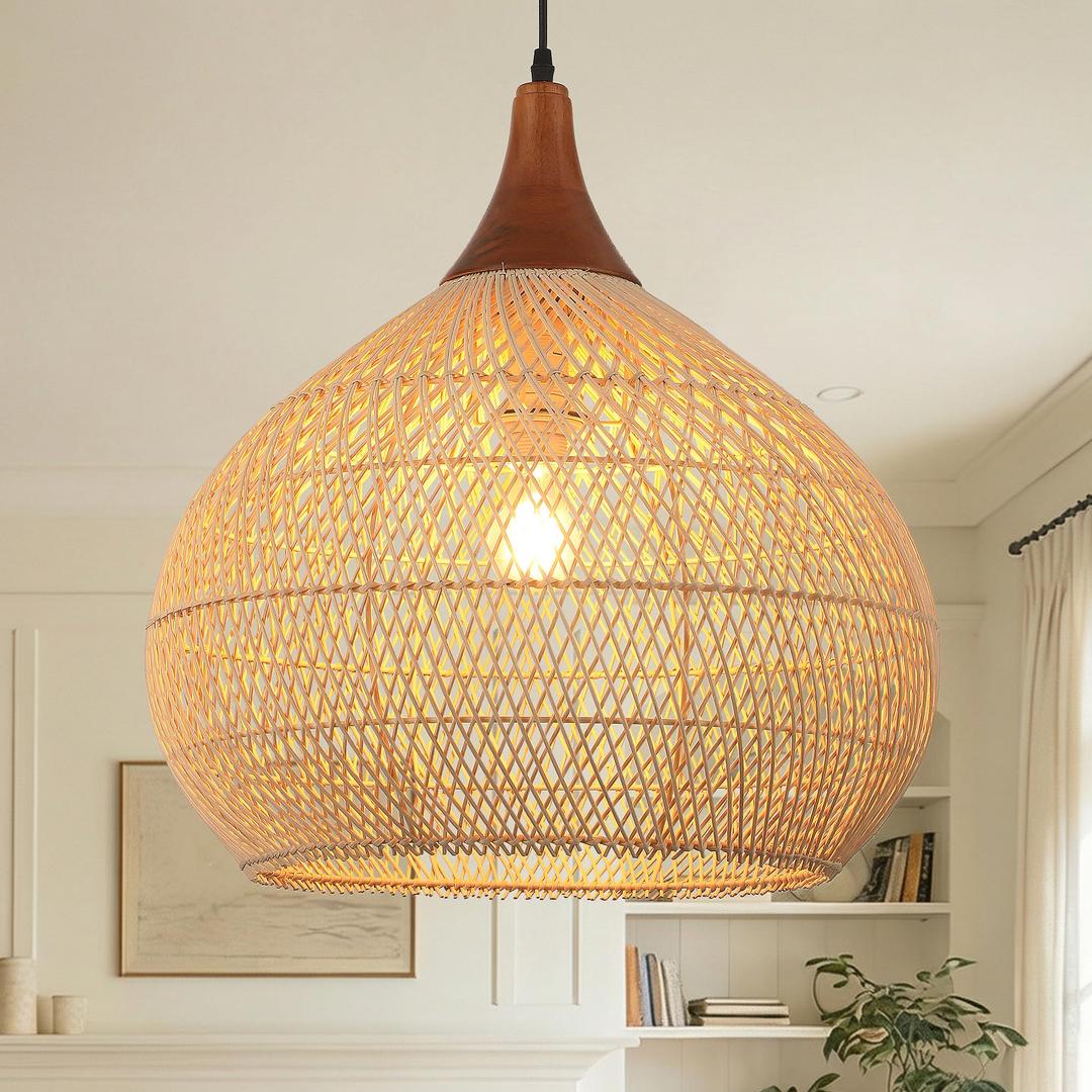 Karjearl 20" Large Rattan Pendant Light, Rattan Chandelier Hand-Woven Boho Pendant Light Fixtures with Solid Wood, Basket Wicker Chandelier for Dining Room Kitchen Island Living Room