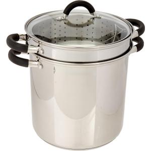ExcelSteel 12 Qt Multifunction Stainless Steel Pasta Cooker with Encapsulated Base, Vented Glass Lid, and Riveted Silicone Covered Handles