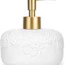 Ceramic White Liquid Soap Dispenser with Embossed Design Look, Soap Dispenser with Rust-Proof Plastic Pump 13.5oz for Bathroom Kitchen (1pcs, Gold)
