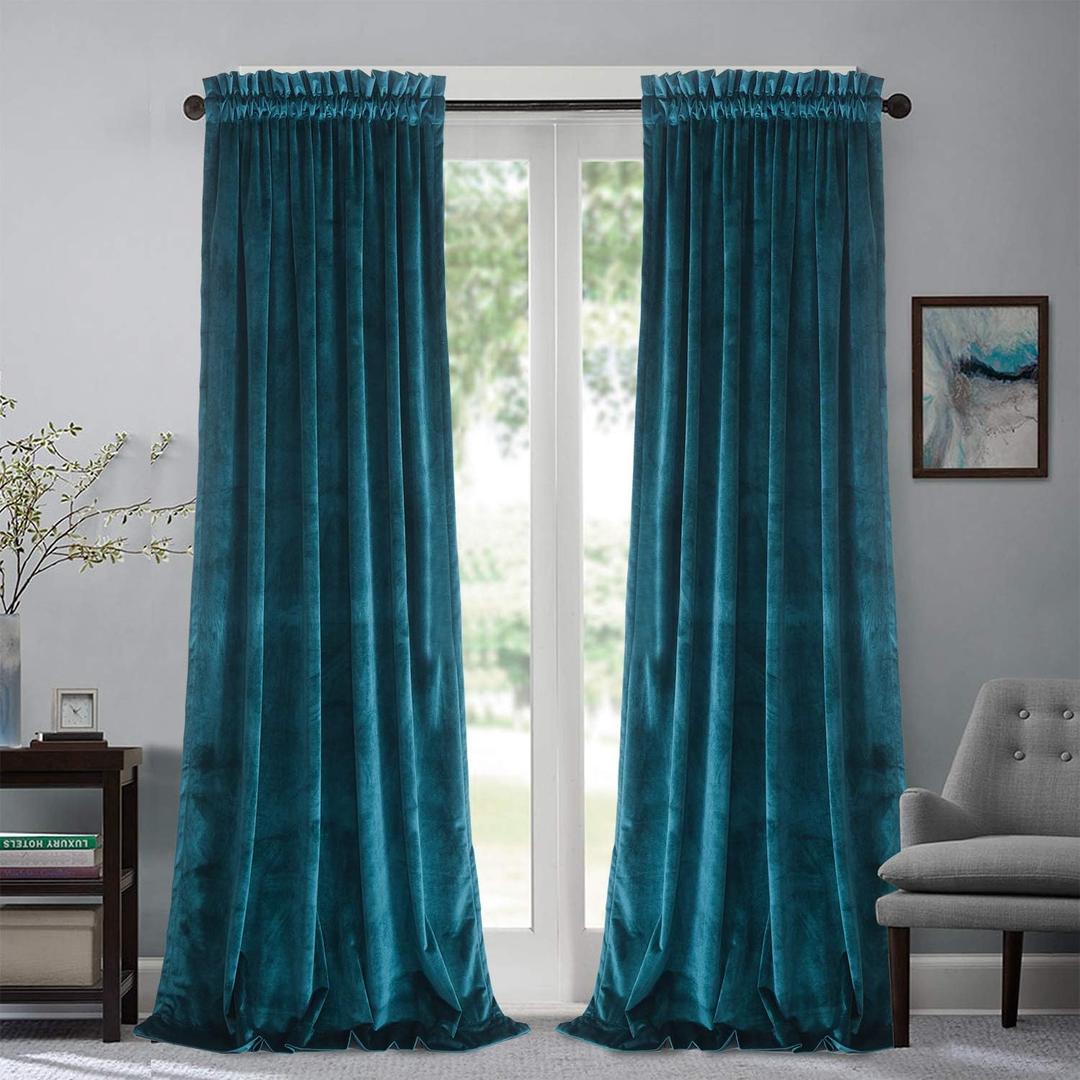 Roslynwood 120 inches Long Peacock Blue Curtains Velvet Drapes Light Blocking Patio Door Curtain Rod Pocket Set for Holiday Party Decor, W52 x L120, 2 Panels (52"W x 120"L (Pack of 2))
