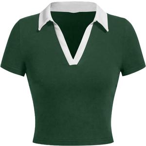 Avanova Women Polo Collared V Neck Tee Shirts Ringer Short Sleeve Crop Tops (Medium, Green)