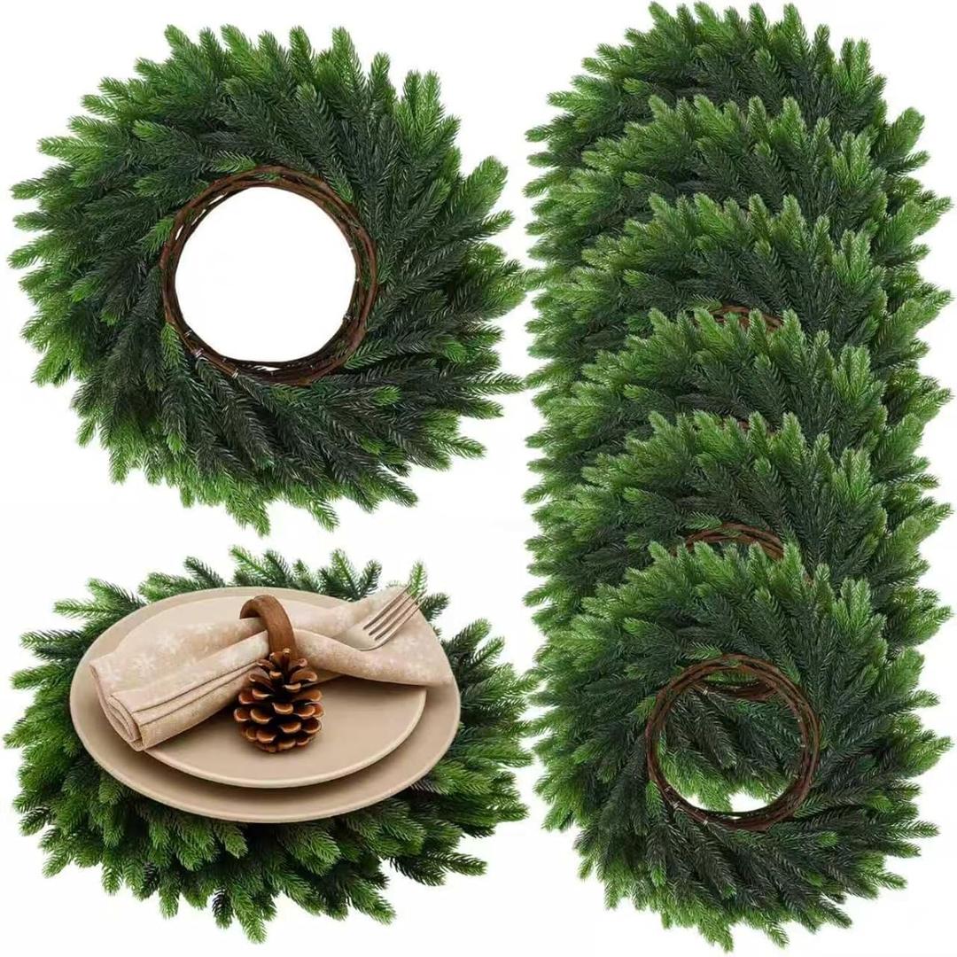 Christmas Placemats Set of 6 Round Greenery Place Mats Xmas Circular Artificial Wreath Dining Table Decor Winter Fake Plants Branches Mats for Kitchen Accessories (Norfolk)