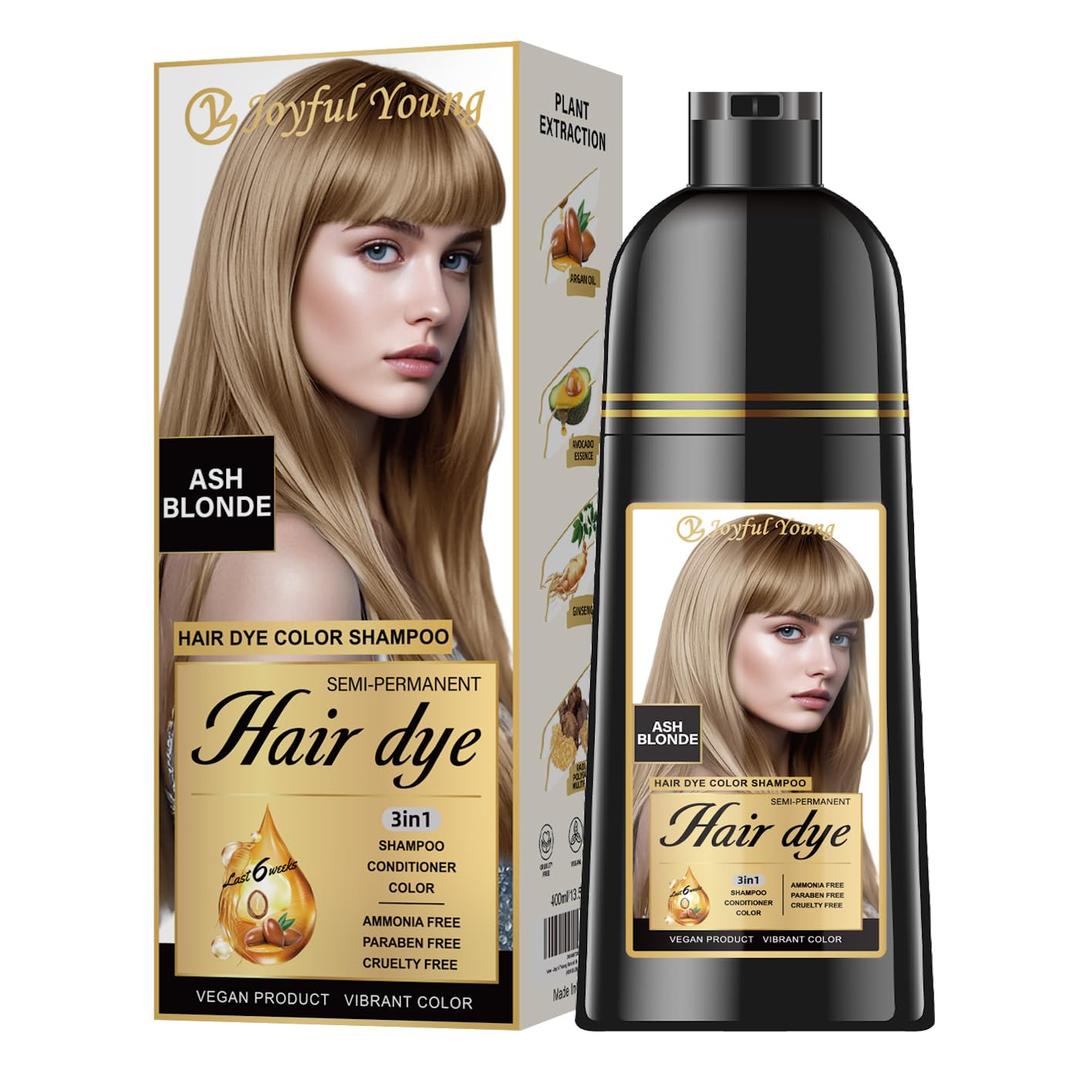 Hair Dye Shampoo 3-in-1, Ash Blonde Semi-Permanent Gray Hair Coverage, Color Depositing Shampoo for Women & Men, Vegan, Ammonia-Free