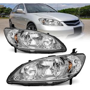 for 2004 2005 Honda Civic Headlights Assembly Compatible with 04 05 Honda Civic 2/4dr with Chrome Housing Amber Reflector Replacement Driver & Passenger Side