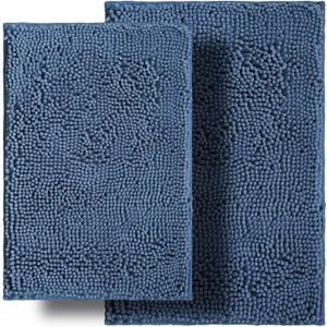 Bathroom Rugs Sets 2 Piece, Ultra Soft Absorbent Bath mat Chenille Bathroom Rug, Antiskid Bath mats Washable Bathroom mat (20x32 inch + 16x24 inch) Medium Blue