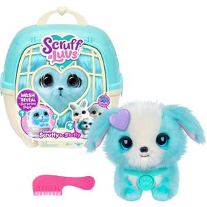 SCRUFFALUVS Blue Surprise Pet, Mystery Plush Toys, Stuffed Animals, Wash to Reveal 1 of 3 Rescue Surprise Toy Pets: Puppy, Bunny, or Kitty - Includes 8.7" Deluxe Carrier