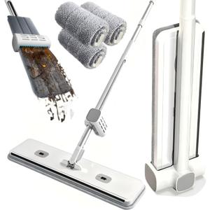 Hands Free Microfiber Mop with 4 Washable Pads | 61" Stainless Steel Handle, Efficient Flat Mop, For All Hard Floors