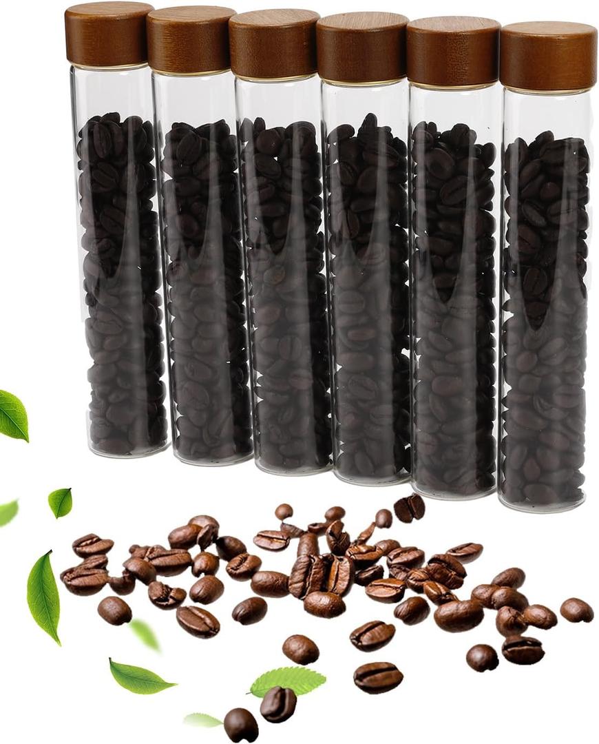 Coffee Bean Storage Tubes Refill Pack  6pcs 80ml Airtight Glass Coffee Bean Container with Bamboo Lids for Single Dose Storage, Replacement Tubes for Barista