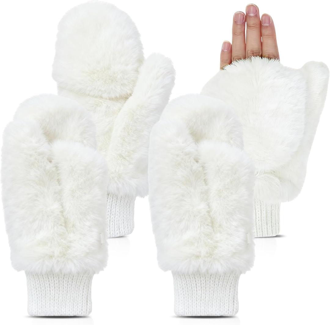 SATINIOR Faux Fur Mittens Fingerless Gloves Convertible Gloves Fluffy Winter Warm Soft Half Finger Fuzzy for Women (White)