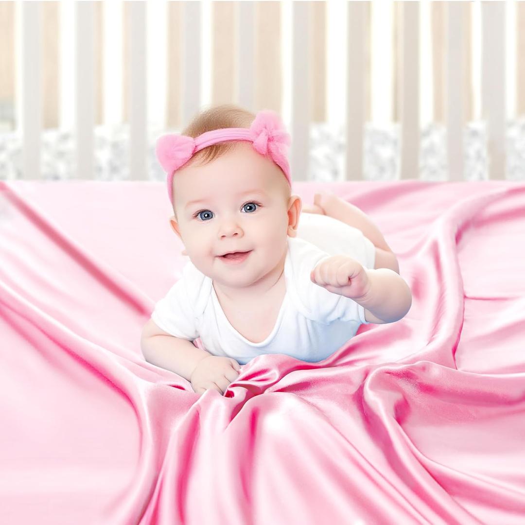 Pink Crib Sheet - Satin for Baby Hair Care - Silky Soft Feeling - Fitted Mattress Cover 28"x52"x8" Breathable & Gentle on Skin, Snug Fit for Standard Crib