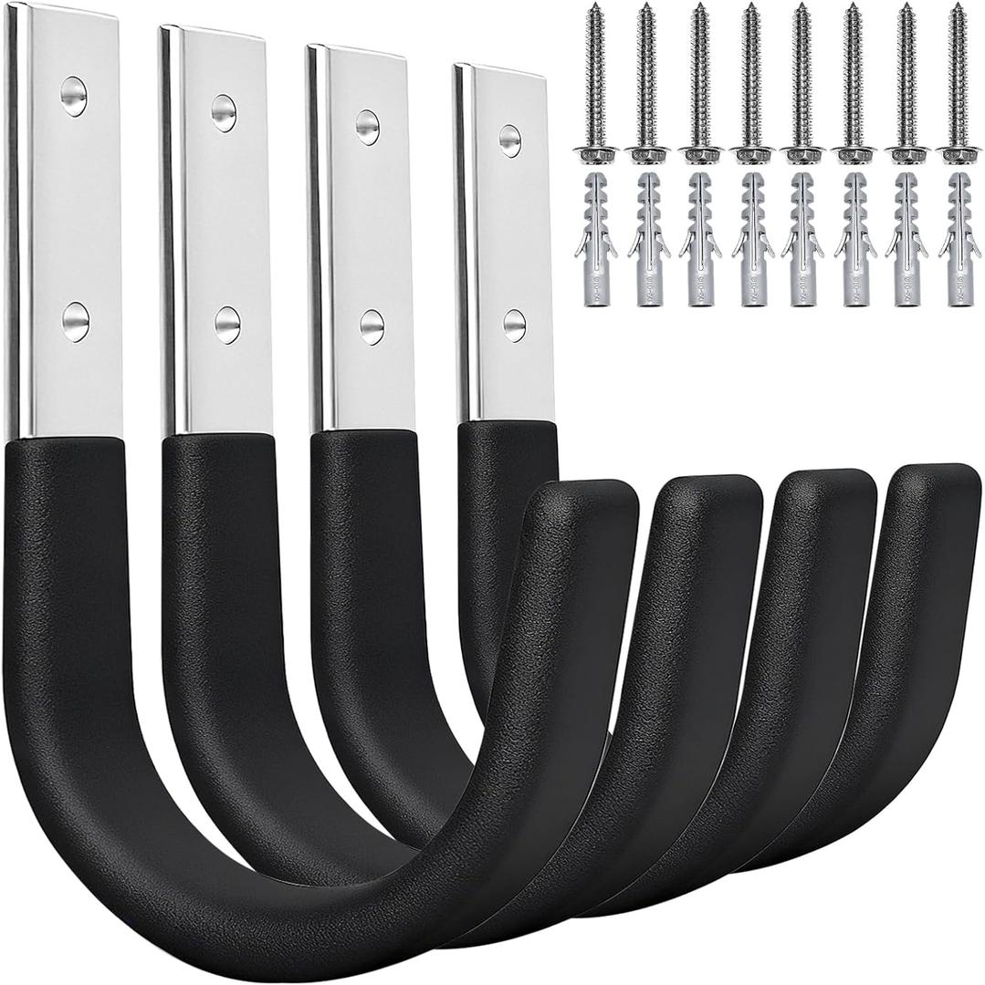 Heavy Duty Wall Hooks, Garage Storage Utility Hooks, Steel Wall Mount Hanger, Tool Organizer Hose Hanger Steel U Hooks for Garage & Garden (4, Black)