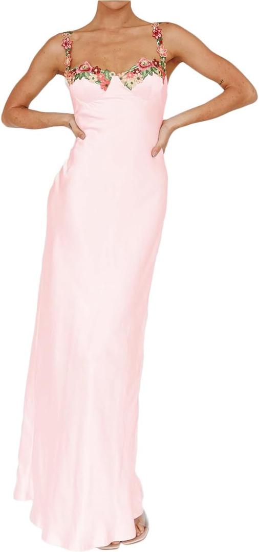 Sexy Satin Spaghetti Strap Floral Embroidered Maxi Dress for Women Sweetheart Neckline Backless Sleeveless Slit Midi Dress (Small, Pink)