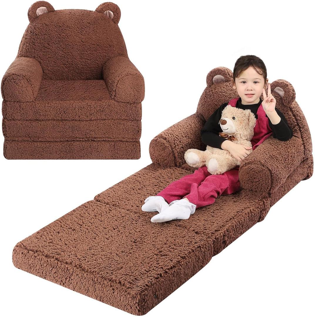 Kids Sofa, Sherpa Couch with Tri-Layer Foam Cushions, Comfy Seating for Kids Age 3–6 Years, Brown (Medium)
