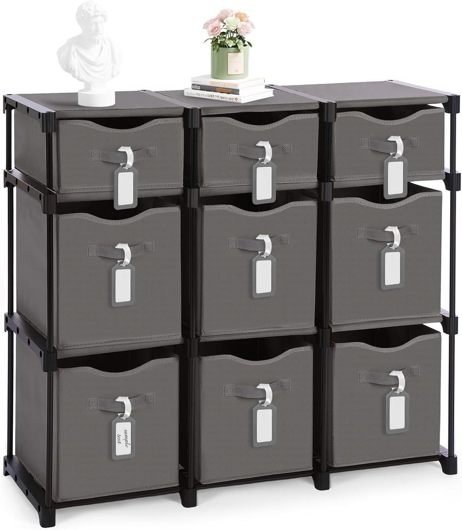 9 Cube Storage Organizer Shelf with Storage Bins and Label, 11 Inch Toy Cube Bins Clothes Closet Organizers Drawers Fabric Dresser for Living Room, Bedroom, Playroom, Dorm(Gray)