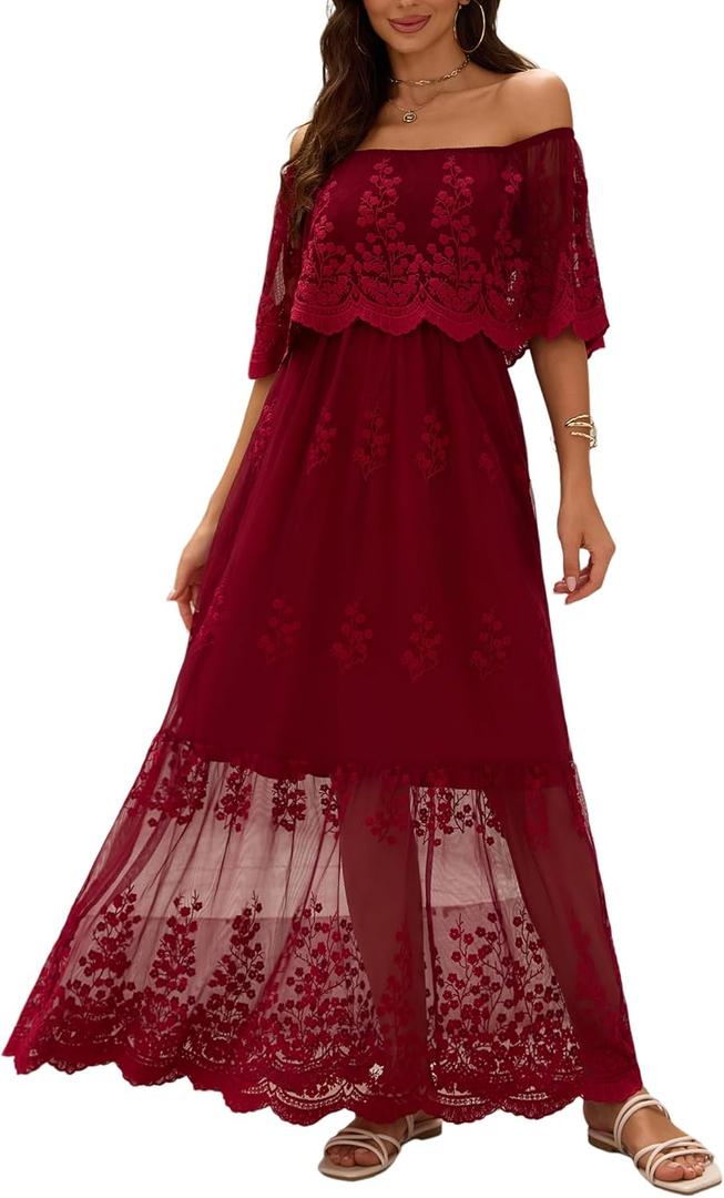 Women's Off The Shoulder Embroidered Lace Maxi Wedding Dress Boho Wedding Guest Formal Party Maternity Photoshoot Dresses (Red, XXL)