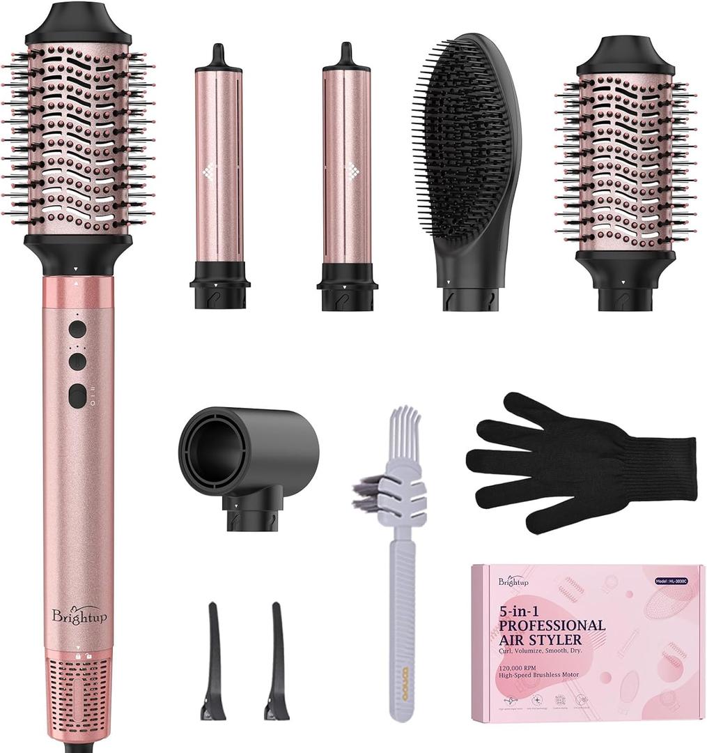 Brightup Air Wrap Hair Styler, 5 in 1 High Speed Hair Dryer Brush, Professional Automatic Hair Curler with Cool Shot Button, 800 Million Ionic, No Heat Damage, with Travel Bag