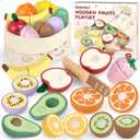 Wooden Play Food Sets for Kids Kitchen Cutting Toys Pretend Play Kitchen Accessories Birthday Gift for Toddlers 3 4 5 6 Year Old Boys Girls Educational Learning Toy