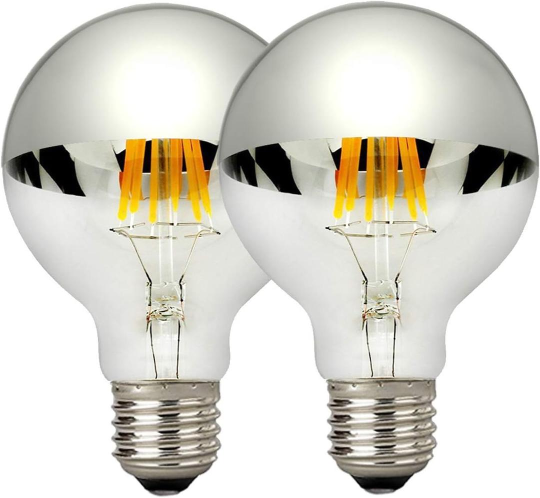 LUXON Half Chrome Light Bulbs,Dimmable,LED Edison Bulbs,Silver Dipped Anti Glare Bulb,Mirror 6W (60W Equivalent) G80/G25 Globe Decorative Light Bulb,E26 Base Warm White 2700K,for Vanity Pack of 2