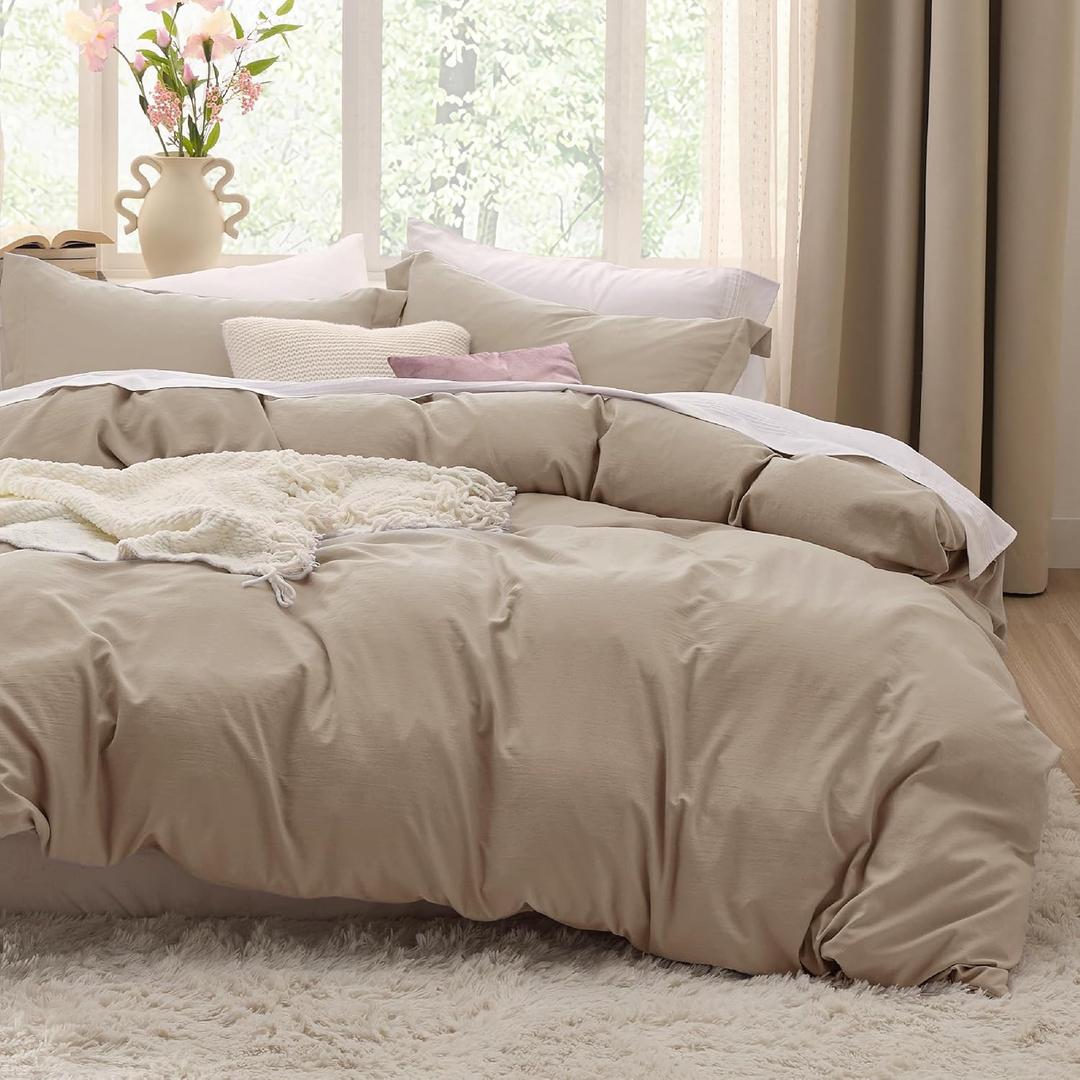 Bedsure Deep Beige Duvet Cover Full Size - 3 Pieces Prewashed Extra Soft Cotton-Like Bedding Set, Includes 1 Duvet Cover 80x90 Inches with Zipper Closure & 2 Pillow Shams, Comforter Not Included