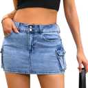 Womens Cargo Skirt Y2k Low Waist Button Bodycon Denim Mini Skirt with Flap Pockets (Blue)