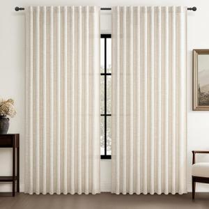 Birch 70 Inches Extra Wide Sheer Curtains Cream Linen Pleated Living Room 84 Inches Long, Neutral Textured Light Filtering Privacy Sliding Door Thick Drapes for Large Window (70"Wx84"Lx2 Panels Hooks)