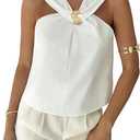 Milumia Women's Metal Decor V Neck Sleeveless Blouse Elegant Backless Casual Work Shirts (White, S)