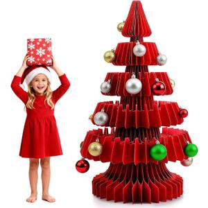 Civaner 3 ft x 1.8 ft Large Honeycomb Christmas Tree Thickened 3D Honeycomb Paper Christmas Tree with Magnetic Folding Xmas Modern Decorations Xmas for Home Living Room Holiday Decorations (35.4 Inches, Red)