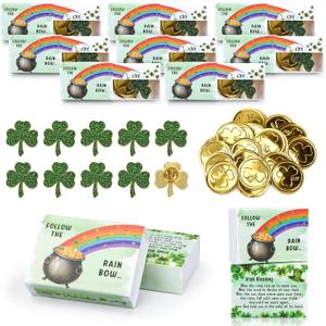 Lettry St. Patricks Day Pins Party Favor Gift Set 24 Pack, Shamrock Pins & Gold Coins with Rainbow Surprise Boxes, Irish Blessing Handouts for Classroom Office Events