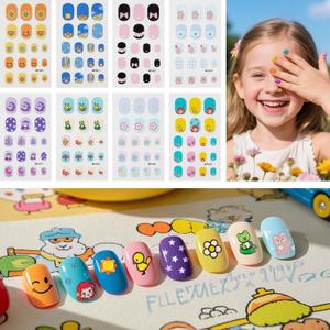 4 x Colorful Kid Nail Stickers Kid Fingertip Art Sticker Cute Kids Girls Self Adhesive Nail Strips for Nail Art Decoration Manicure Supplies Accessories Nail Decals for Little Girls