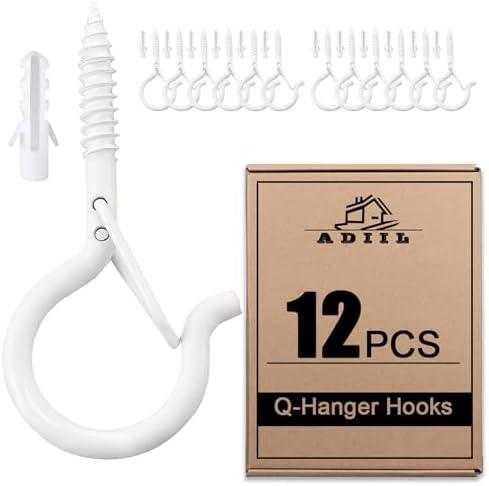 ADIIL 12 PCS Q Hanger Hooks with Safety Buckle, Windproof Screw Hooks for Hanging Outdoor String Lights, Plants, Christmas Patio Lights, 2.2 Inches, White