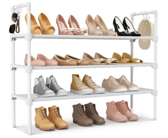LANTEFUL 3 Tier Shoe Rack for Closet, Shoe Organizer with 5 Hooks, Long Shoe Shelf Storage for Shoe and Boot Stackable Free Standing Shoe Rack for Entryway, Garage, Small Spaces, Dorm, White