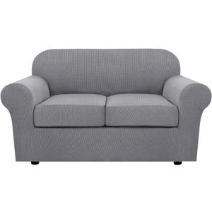 H.VERSAILTEX 3 Piece Stretch Sofa Covers for 2 Cushion Loveseat Couch Covers for Living Room Sofa Slipcovers (Base Cover Plus 2 Seat Cushion Covers) Thicker Jacquard Fabric(Medium Sofa, Dove)