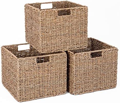 Seagrass Storage Baskets, 12X12X10in Cube Wicker Storage Basket for Shelves, Pantry Baskets Organization and Storage, Kitchen Storage Baskets, Bathroom Shelves Storage Basket Set of 3