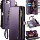 Defencase for iPhone 16E Case Wallet with RFID Blocking Card Holder Slots for Women Men, Elegant PU Leather Magnetic Snap Flip Wristlet Strap Zipper Wallet Phone Cases for iPhone 16e 2025, Purple