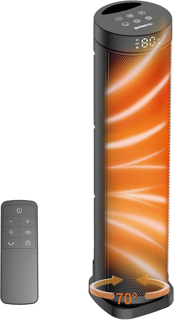 QOWETU X-Large Space Heater, 1500W Portable Electric Heaters for Indoor Use, PTC Ceramic Heater with Remote, Thermostat, 70°Oscillation, 12H Timer, 24 Inchs, Safe Quiet Room Heater for Bedroom