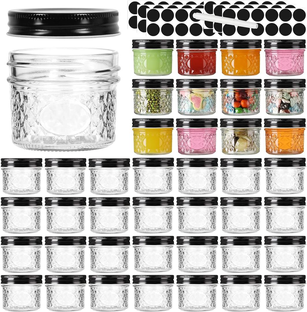 40 Pack Small Mason Jars, 4oz Mini Mason Jars, Canning Jars With Black Lids For Dessert, Honey, DIY Candle