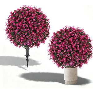 2 Pack 25" Artificial Red Eucalyptus Topiary Ball Tree for Outdoors Faux Evergreen Shrubs Plants with Ground Spike UV Resistant Fake Bushes Ball Trees for Outdoor Indoor Home Porch Patio Decoration