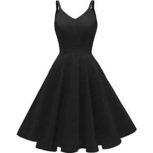 GOOBGS Women's 1950s Retro Vintage Spaghetti Strap Cocktail Swing Dresses with Pockets (Black, XL)