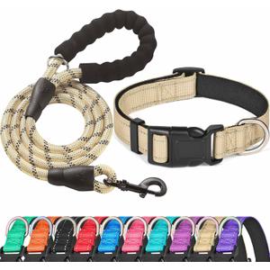 Reflective Dog Collar Padded with Soft Neoprene Breathable Adjustable Nylon Dog Collars for Small Medium Large Dogs (Large (Pack of 1), Vanilla Collar+Leash)
