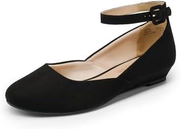 DREAM PAIRS Women's Dress Flats Ballet Low Wedge Round Toe Ankle Strap Comfortable Casual Flats Shoes, Size 5, Black Nubuck 