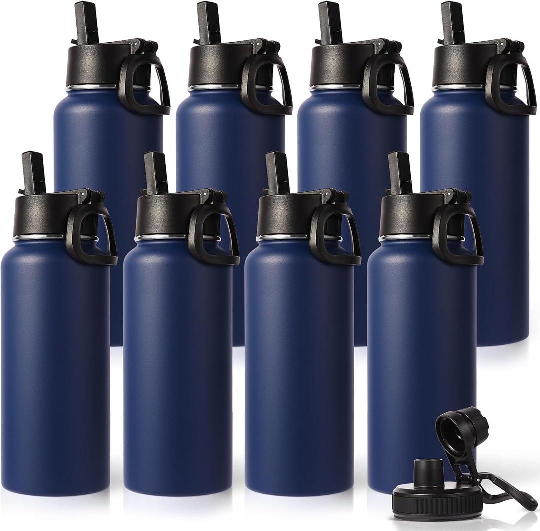 Neihepal 32 oz Insulated Water Bottles Bulk with 2 Lids (Straw & Spout Lid), Stainless Steel Double Wall Water Bottle, Keeps Cold 24H & Hot 12H (Navy,8 Pack)