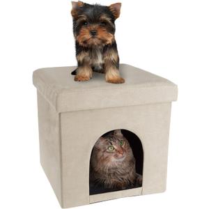Pet House Ottoman - Collapsible Multipurpose Small Dog or Cat Bed Cube and Footrest with Cushion Top and Interior Pillow by PETMAKER (Microsuede Tan)