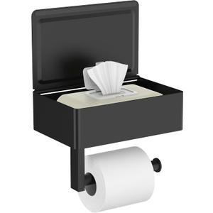 FORIOUS Toilet Paper Holder with Shelf, Sanitary Napkin Receptacle Tampon Holder, Wall Mount Toilet Paper Holder with Storage, Flushable Wipes Dispenser Fits for Bathroom Commercial(1, Matte Black)