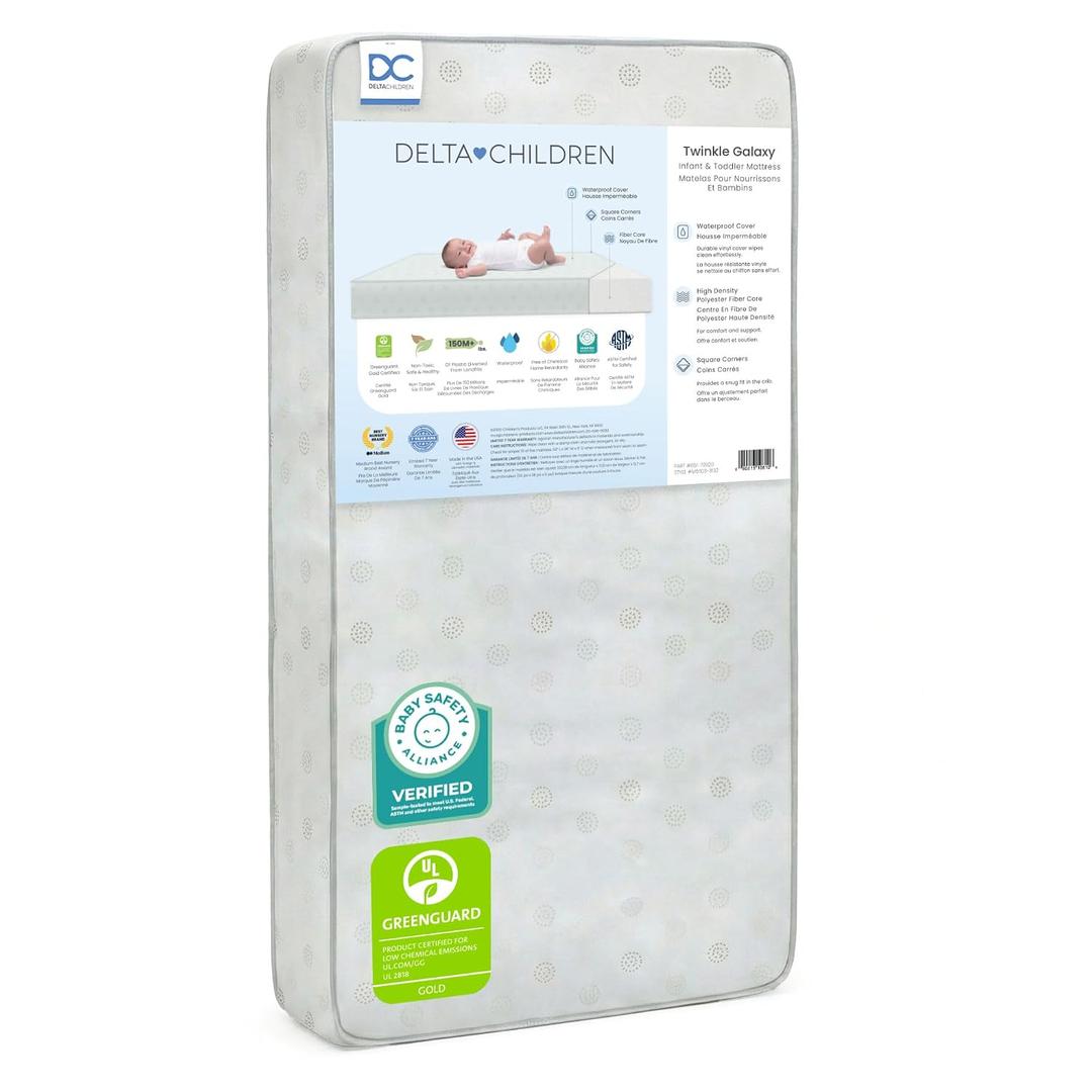 Delta Children Twinkle Galaxy Dual Sided Crib and Toddler Mattress - Premium Sustainably Sourced Fiber Core - Waterproof - GREENGUARD Gold Certified (Non-Toxic) - Made in USA