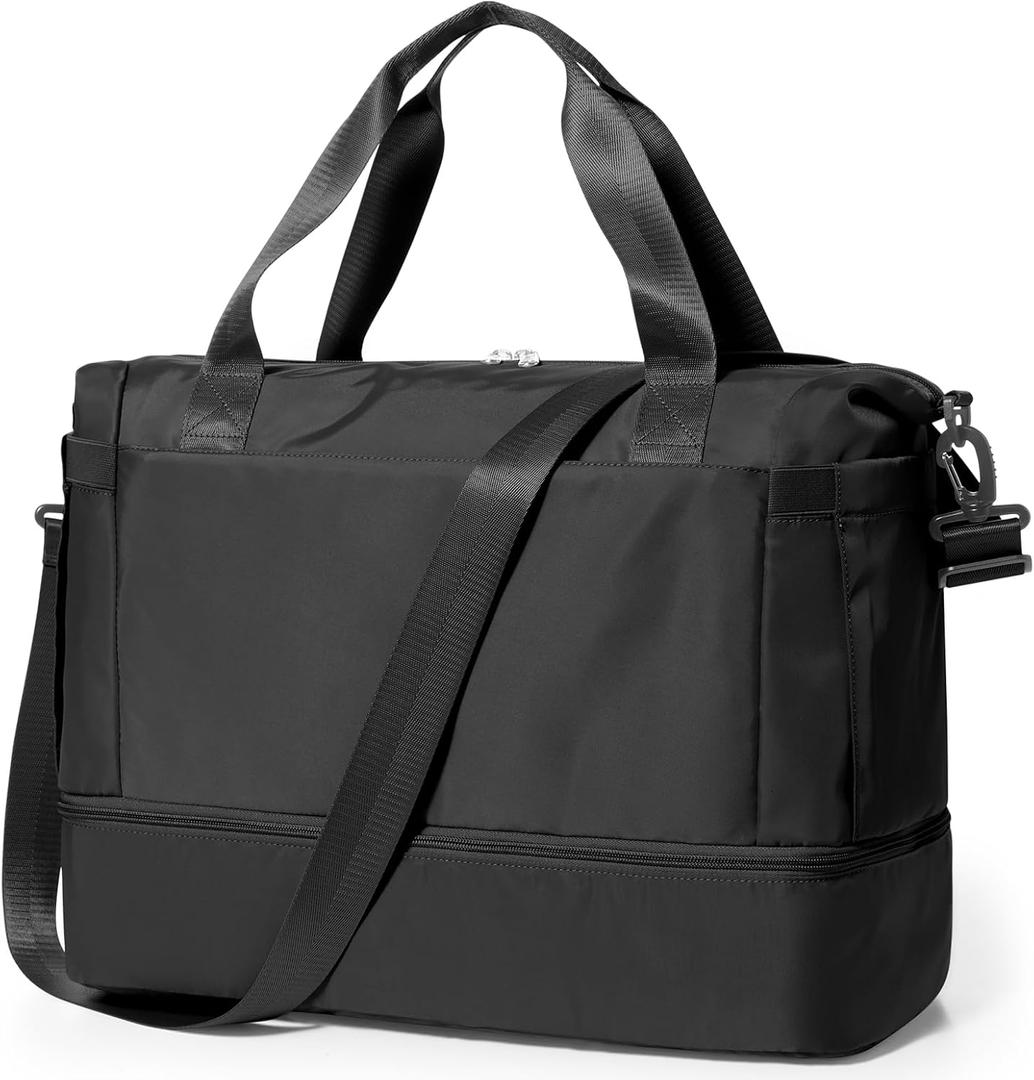 Travel Duffel Bag with Shoes Compartment, Overnight Weekender Bags for Women, Carry on Personal Item Bag with Wet Pocket for Travel, Gym, Weekend,Black